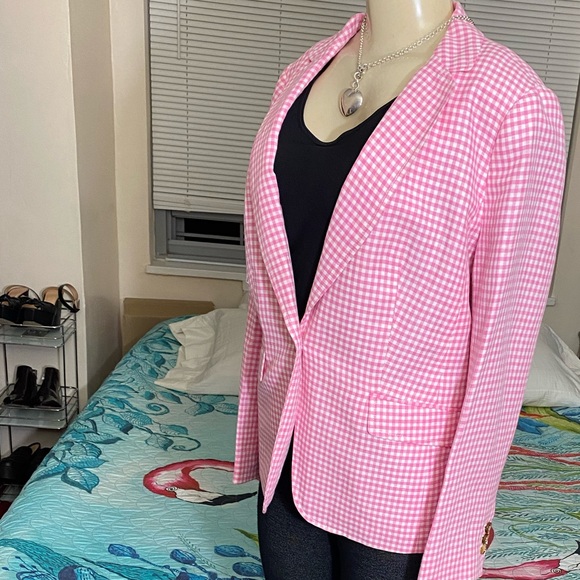 NWOT Talbots Classic Summer Blazer Pink/White Gingham Linen Blend Size 14p - Picture 4 of 11